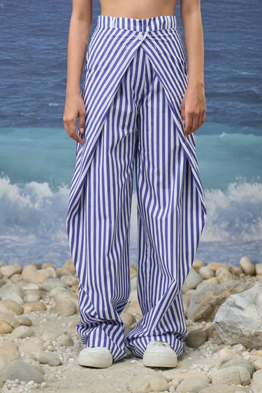 Navy striped trousers for women with relaxed fit and wide-leg silhouette