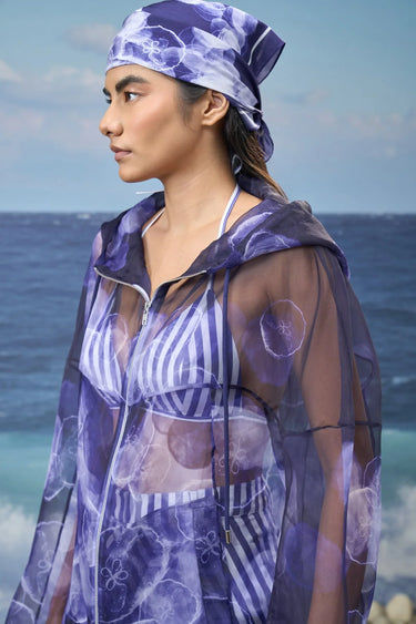 Navy poly organza hoodie for women showing lightweight sheer fabric texture