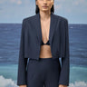 Navy poly viscose relaxed jacket for women with solid minimalist design