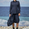 Navy poly wool relaxed shirt for women with pleated detailing