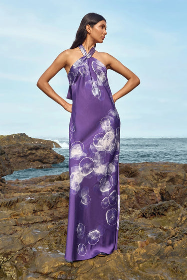 Navy Premium Satin Abstract Cloud Print Halter Dress