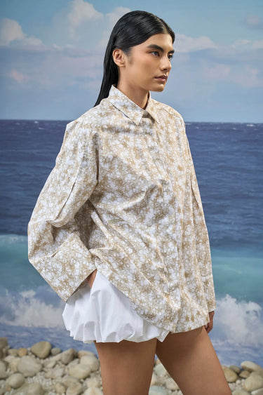 Oversized A-Line Shirt in Premium Cotton Poplin with Printed Finish - Mastic