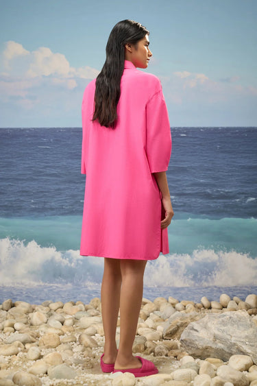 Barbie pink oversized dress for women with polo neck and embroidery detail