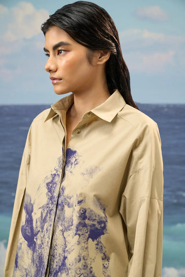 Oversized Shirt Dress in Premium Cotton Poplin with Ink-Blot Print - Mastic
