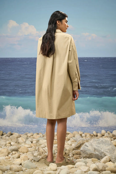 Oversized Shirt Dress in Premium Cotton Poplin with Ink-Blot Print - Mastic