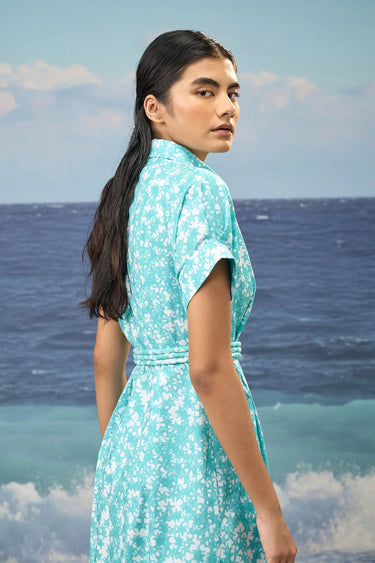 Persian Green Relaxed Dress in Premium Cotton Poplin with Floral Print