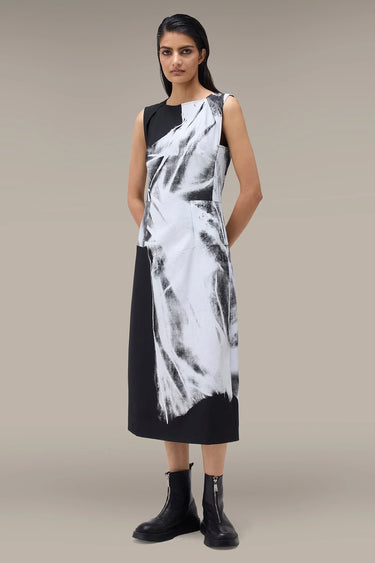 Women's Premium Abstract Print Sleeveless Midi Dress - Tencel Twill - Black