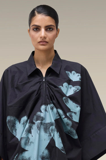 Premium Black Floral Print Cotton Poplin Shirt- Free Size