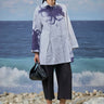Premium cotton pinstripe oversized shirt for women with abstract graphic print