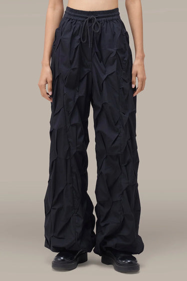 Women's Premium Crushed Texture Wide Leg Trouser - Black Giza Cotton