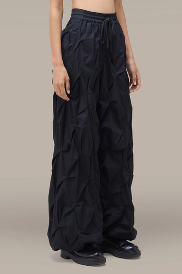Women's Premium Crushed Texture Wide Leg Trouser - Black Giza Cotton