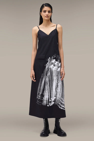 Women's Premium Halftone Print Slip Midi Dress - Black Giza Cotton