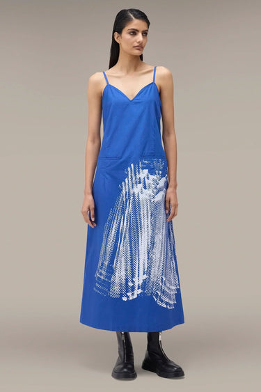 Women's Premium Halftone Print Slip Midi Dress - Egyptian Blue Giza Cotton