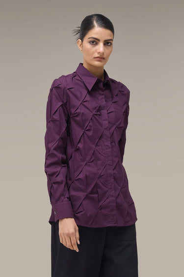 Women's Premium Hand-Pleated Textured Shirt - Deep Purple Giza Cotton Poplin