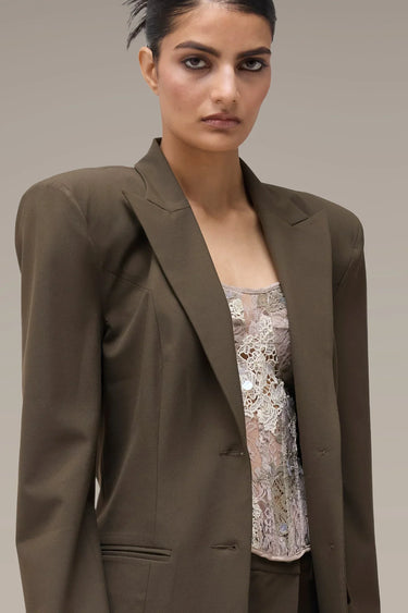 Women's Premium Power Shoulder Tailored Blazer - Khaki Poly Viscose