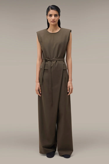 Women's Premium Structured Shoulder Wide Leg Jumpsuit - Khaki Poly Viscose