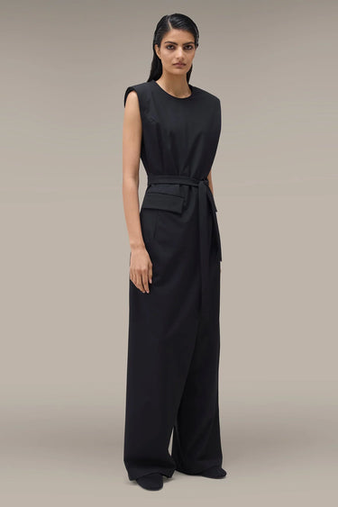 Women's Premium Structured Shoulder Wide Leg Jumpsuit - Black Poly Viscose