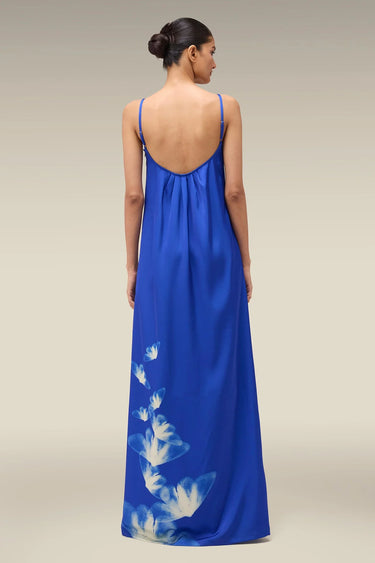 Premium Egyptian Blue Floral Print Satin Maxi Dress