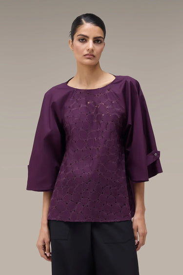 Women's Premium Cutwork Embroidered Cotton Top - deep purple