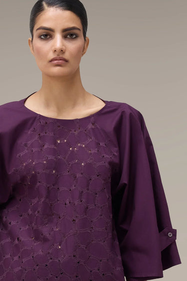 Women's Premium Cutwork Embroidered Cotton Top - deep purple