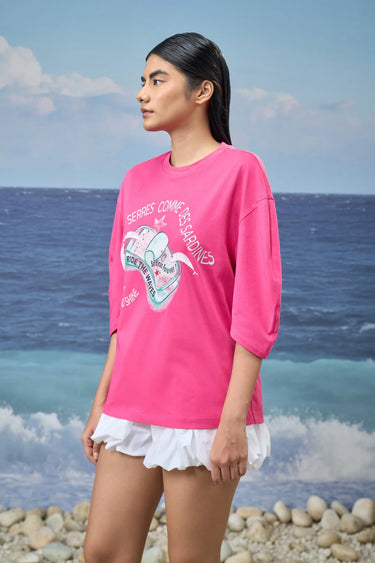 Printed Oversized Top in Premium Cotton Single Jersey - Barbie Pink