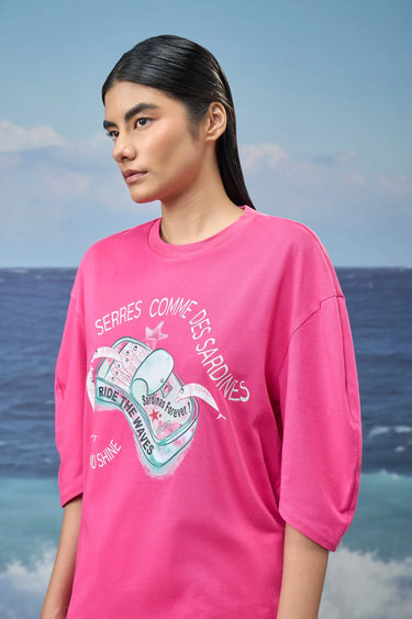 Printed Oversized Top in Premium Cotton Single Jersey - Barbie Pink