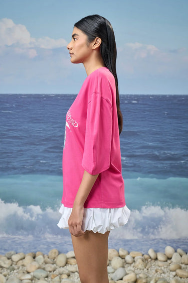 Printed Oversized Top in Premium Cotton Single Jersey - Barbie Pink