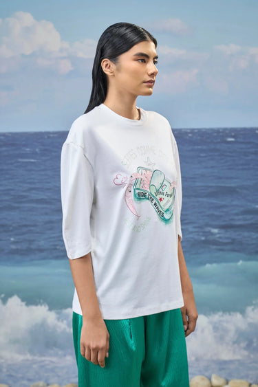 Printed Oversized Top in Premium Cotton Single Jersey - White