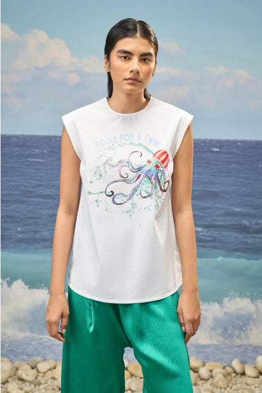 Printed Sleeveless Top in Premium Cotton Poplin – White