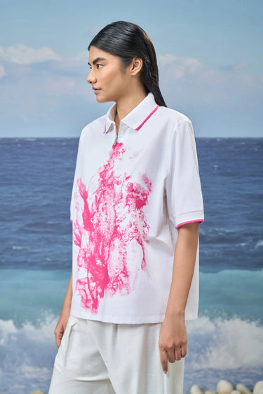 Relaxed Polo Top in Premium Cotton Poplin with Graphic Print