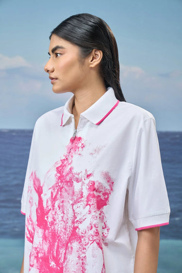 Relaxed Polo Top in Premium Cotton Poplin with Graphic Print