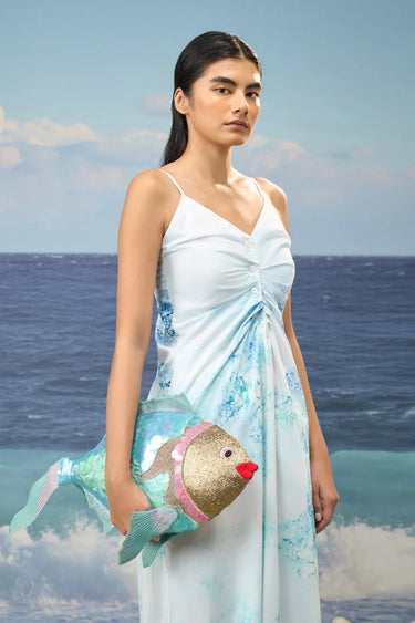 Sleeveless Dress in Premium Cotton Poplin with Watercolour Print