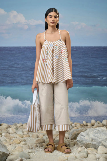 Striped Halter-Neck Top in Cotton Bold Stripe – Beige