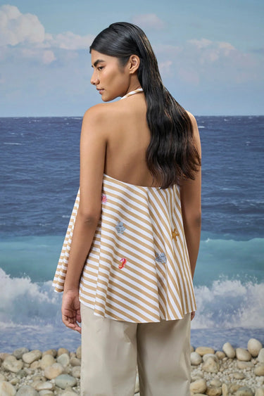 Striped Halter-Neck Top in Cotton Bold Stripe – Beige