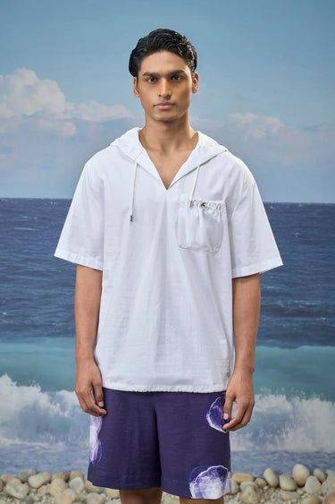 White Premium Cotton Dobby Oversized Short-Sleeve Hoodie