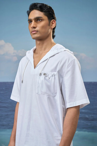 White Premium Cotton Dobby Oversized Short-Sleeve Hoodie