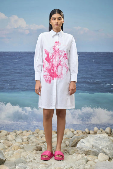 White Premium Cotton Poplin Abstract Print Oversized Dress