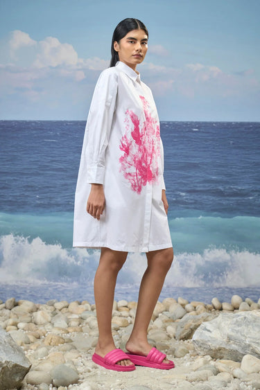 White Premium Cotton Poplin Abstract Print Oversized Dress