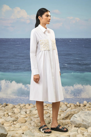 White Premium Giza Cotton Embroidered Shirt Dress