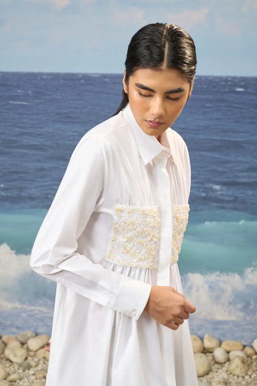 White Premium Giza Cotton Embroidered Shirt Dress